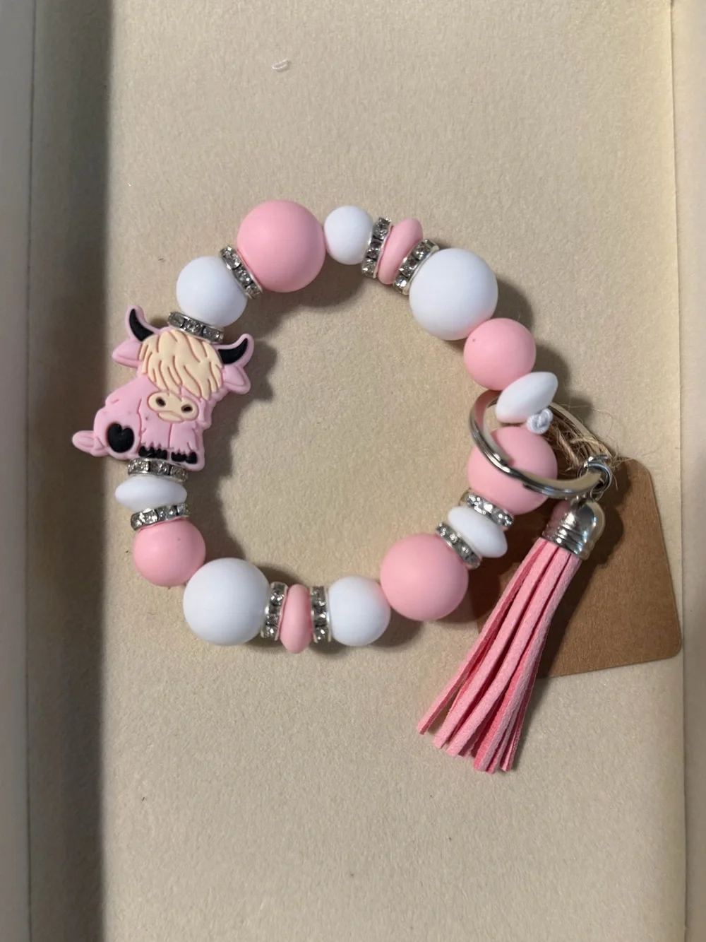 Kids Pink & White Beaded Keyring Bracelet with Tassel and Cow Charm